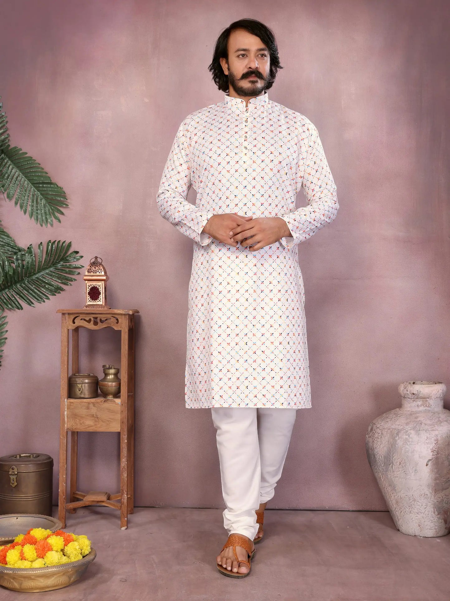 Men's white cotton kurta with sequence work and print