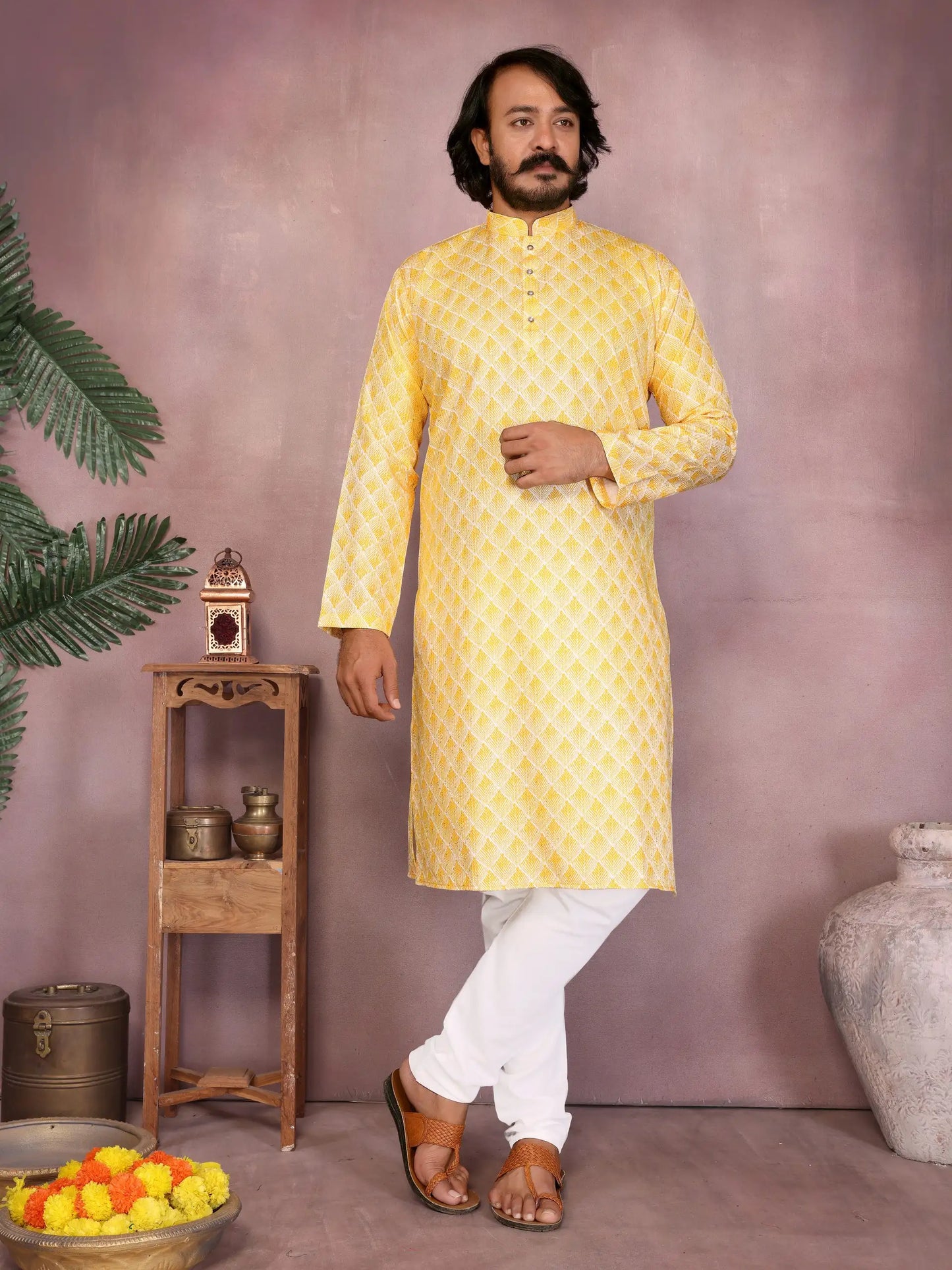 Men's yellow cotton kurta with sequence work
