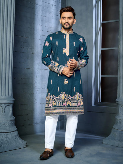 Men's teal blue soft silk daaman kurta with multi-thread deer embroidery pattern front view
