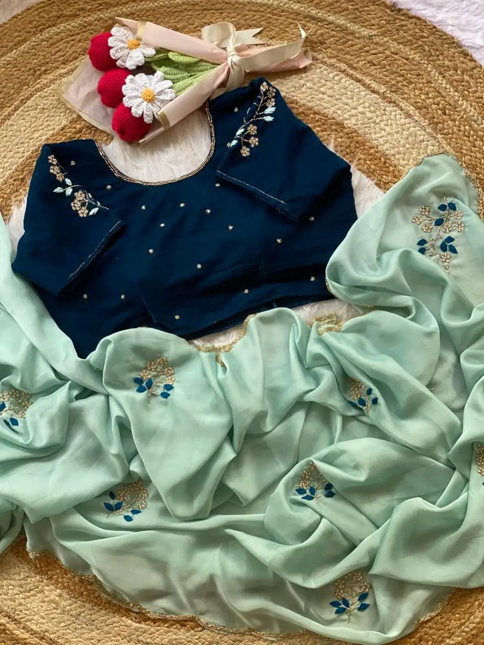 Soft Two Tone Rangoli Silk Saree with Flower Handwork Butta & Contrast 9K Velvet Blouse - REHANA