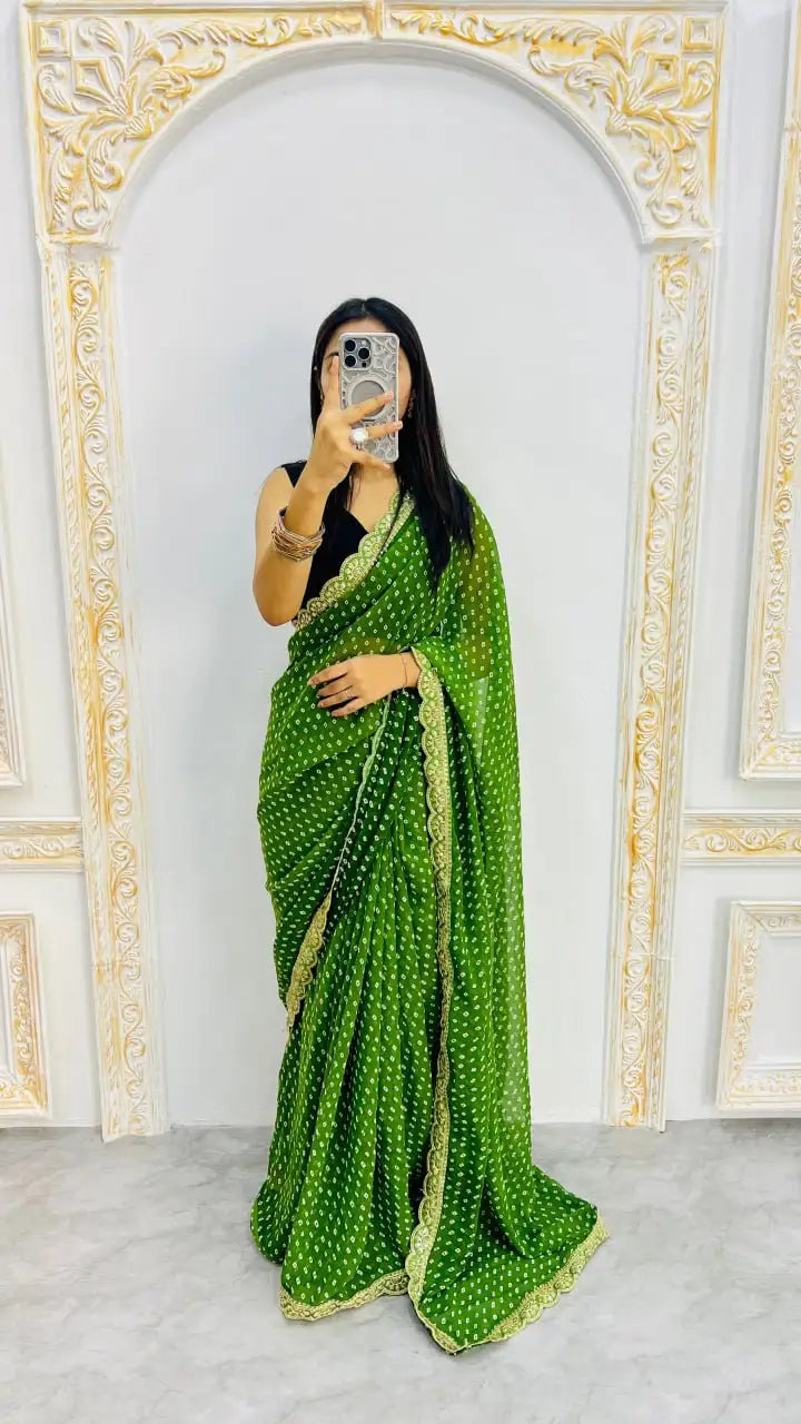 Soft georgette saree with elegant embroidery sequin work and premium Bengaluri blouse available in six colors