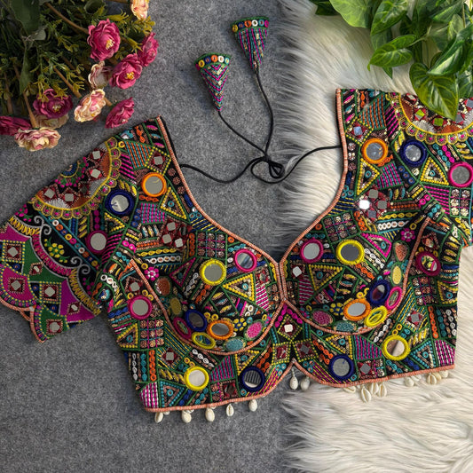 Navratri Special Real Multi Mirror Work Apple Cut Stylish Blouse
