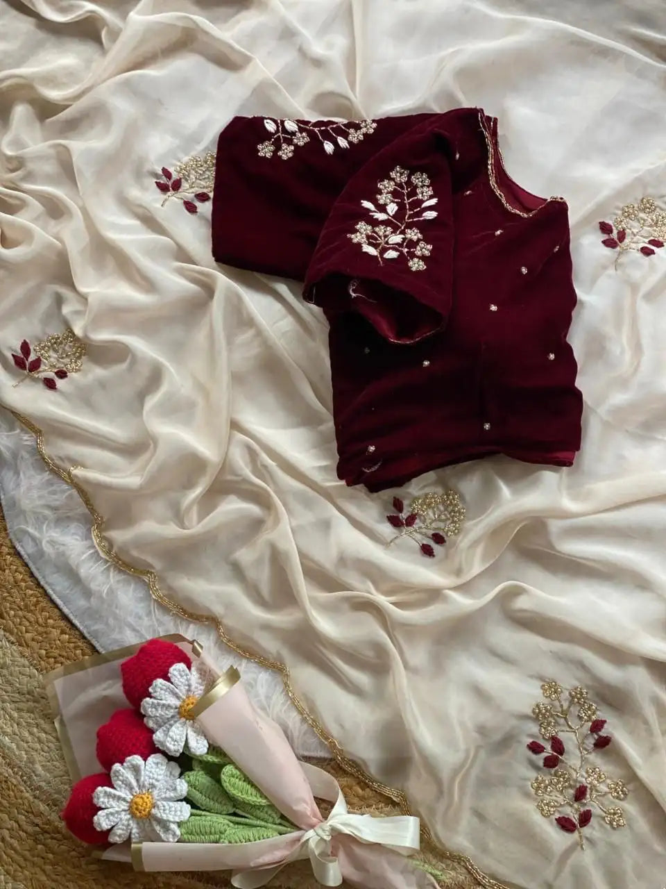 Soft Two Tone Rangoli Silk Saree with Flower Handwork Butta & Contrast 9K Velvet Blouse - REHANA