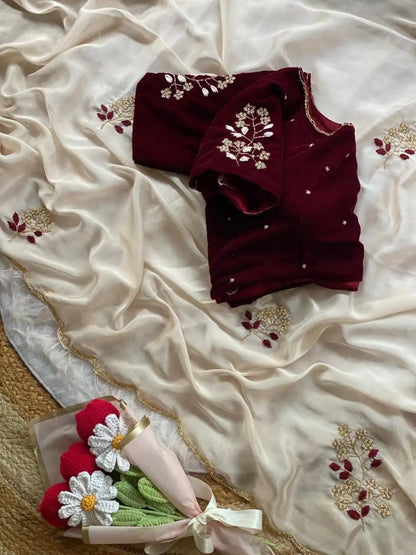 Soft Two Tone Rangoli Silk Saree with Flower Handwork Butta & Contrast 9K Velvet Blouse - REHANA