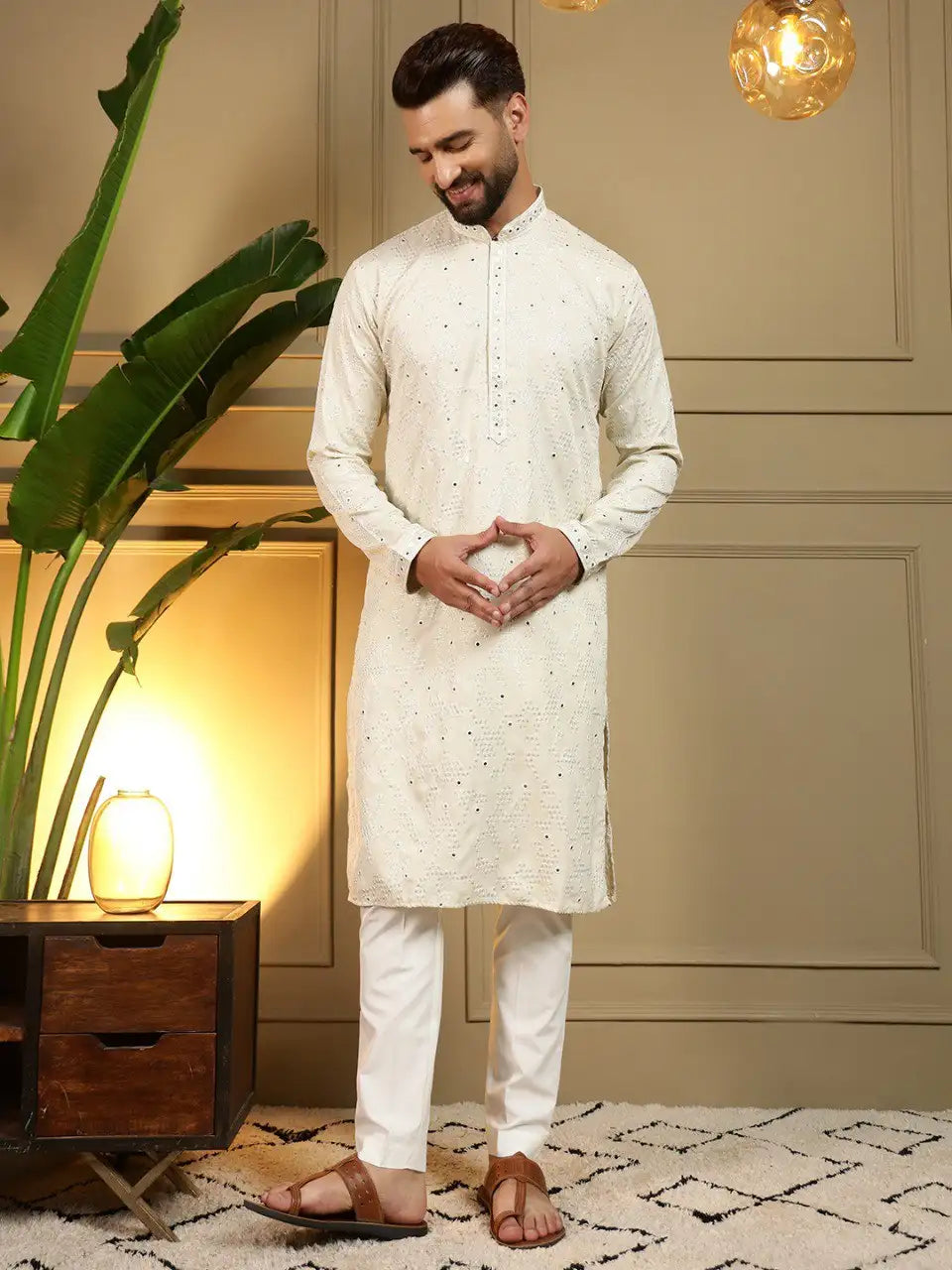 Men’s Heavy Khadi Cotton Embroidery Mirror Work Kurta Pyjama Set with Semi Cotton Chudidar – Festive & Wedding Wear Vantara-07