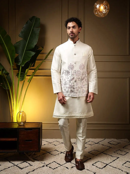 Men’s embroidery daman koti kurta pant set with heavy silk koti and embroidery sequence work paired with slub silk kurta pant festive wedding ethnic wear available in sizes 34 36 38 40 42 44 premium 3 piece traditional outfit booking compulsory