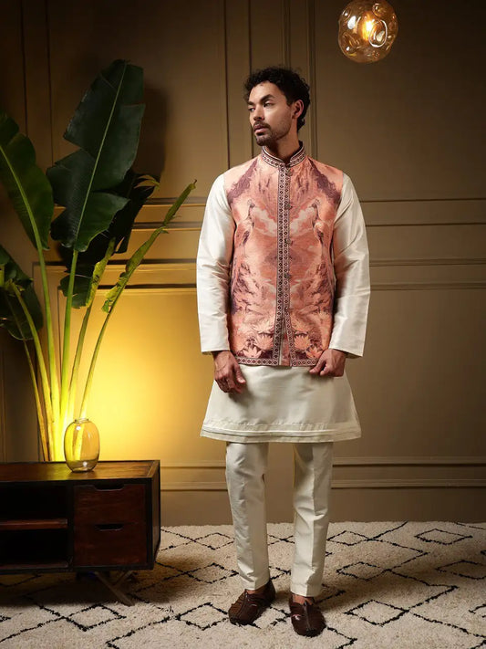 Men’s Mor koti kurta pant set with jacquard 3D weaving koti and slub silk kurta pant wedding festive ethnic wear available in sizes 34 36 38 40 42 44 premium 3 piece traditional outfit