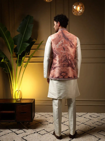 Mor Koti Set – Men’s Jacquard 3D Weaving Koti with Slub Silk Kurta & Pant | Premium Wedding & Festive Wear (3-Piece Set)