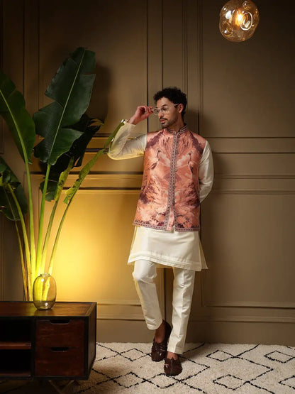 Mor Koti Set – Men’s Jacquard 3D Weaving Koti with Slub Silk Kurta & Pant | Premium Wedding & Festive Wear (3-Piece Set)