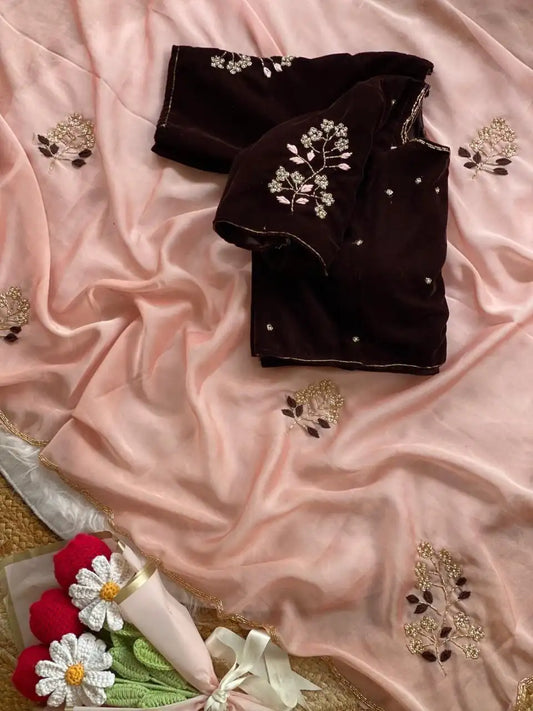 Soft two tone Rangoli silk saree with flower handwork butta and contrast 9K velvet blouse