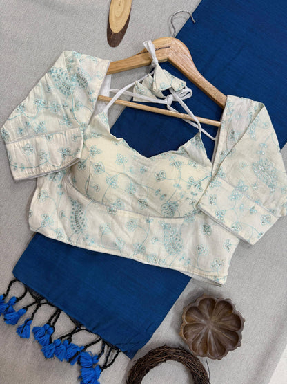 Khadi Cotton Saree With Embroidery Work Blouse