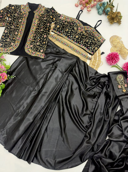 Diamond Satin Silk Ready To Wear Saree With Jacket