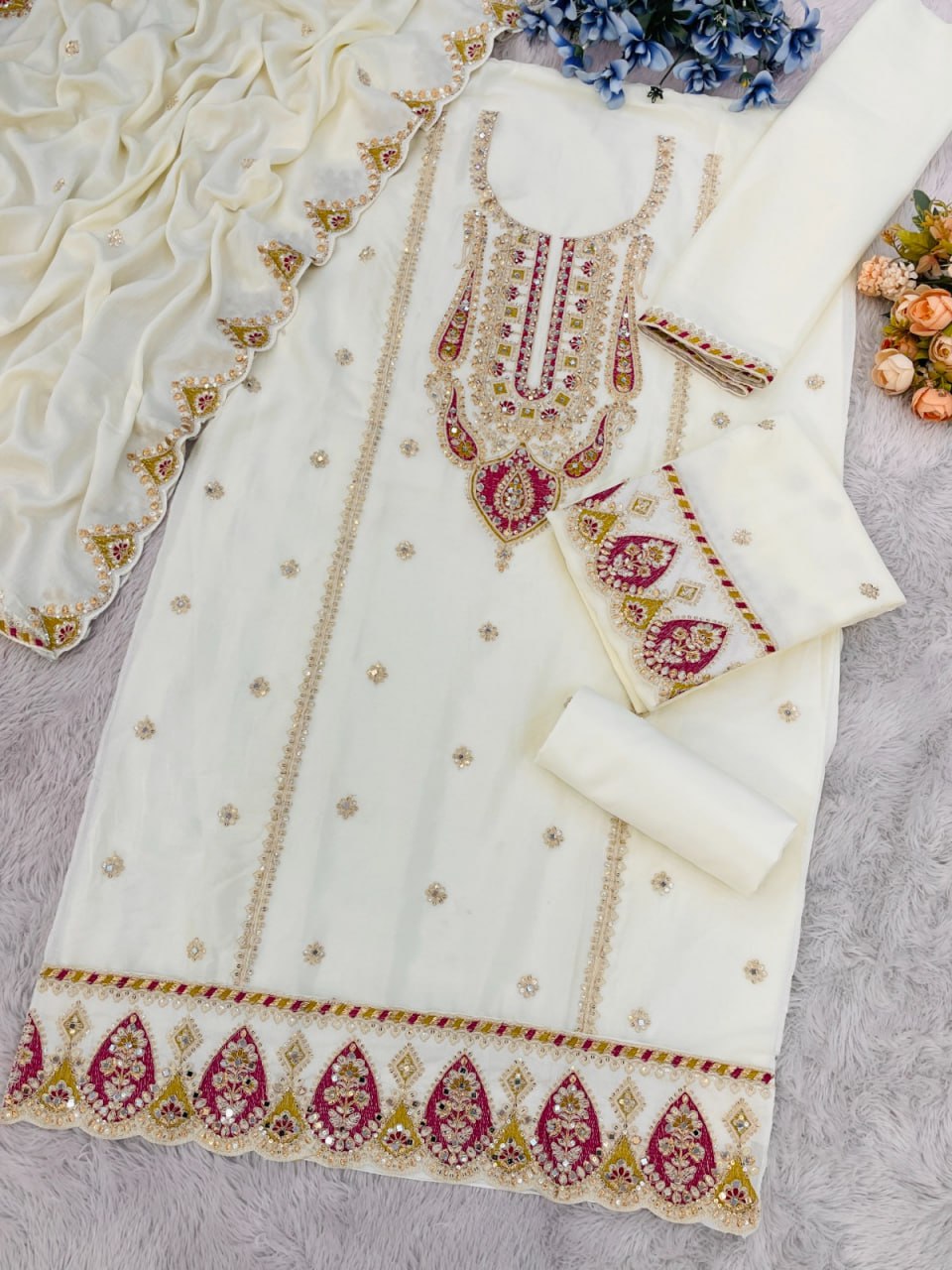 Chinon with Embroidered Cording &amp; 3mm Sequence Thread work Suit