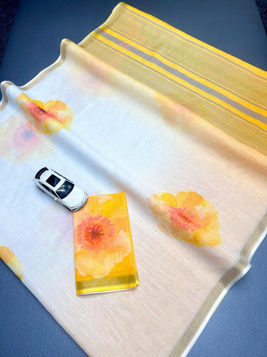 Linen Digital Print Saree with Gold Jari Border