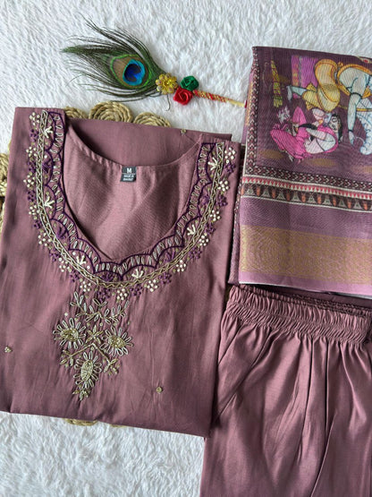 Premium Roman Silk  Designer Kurti Pant Dupatta Set