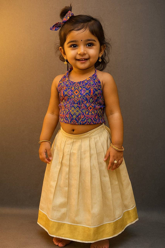 Kids Kerala Silk Lehenga Choli with Ajrakh Print Blouse