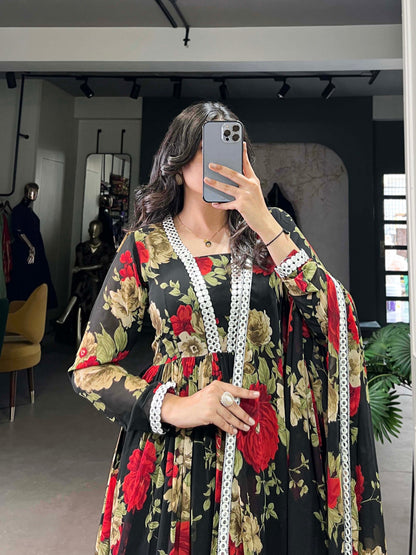 Floral Print Georgette Gown with Dupatta
