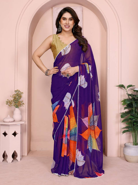 Georgette Silk Printed Ready-to-Wear Saree with Small Lace