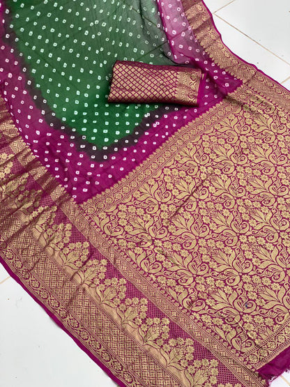 Cotton silk  Hand Bandhej Saree