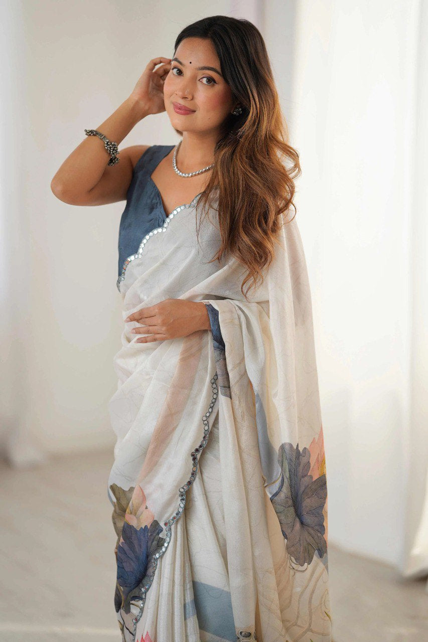 Georgette Silk Printed Saree with Mirror Work