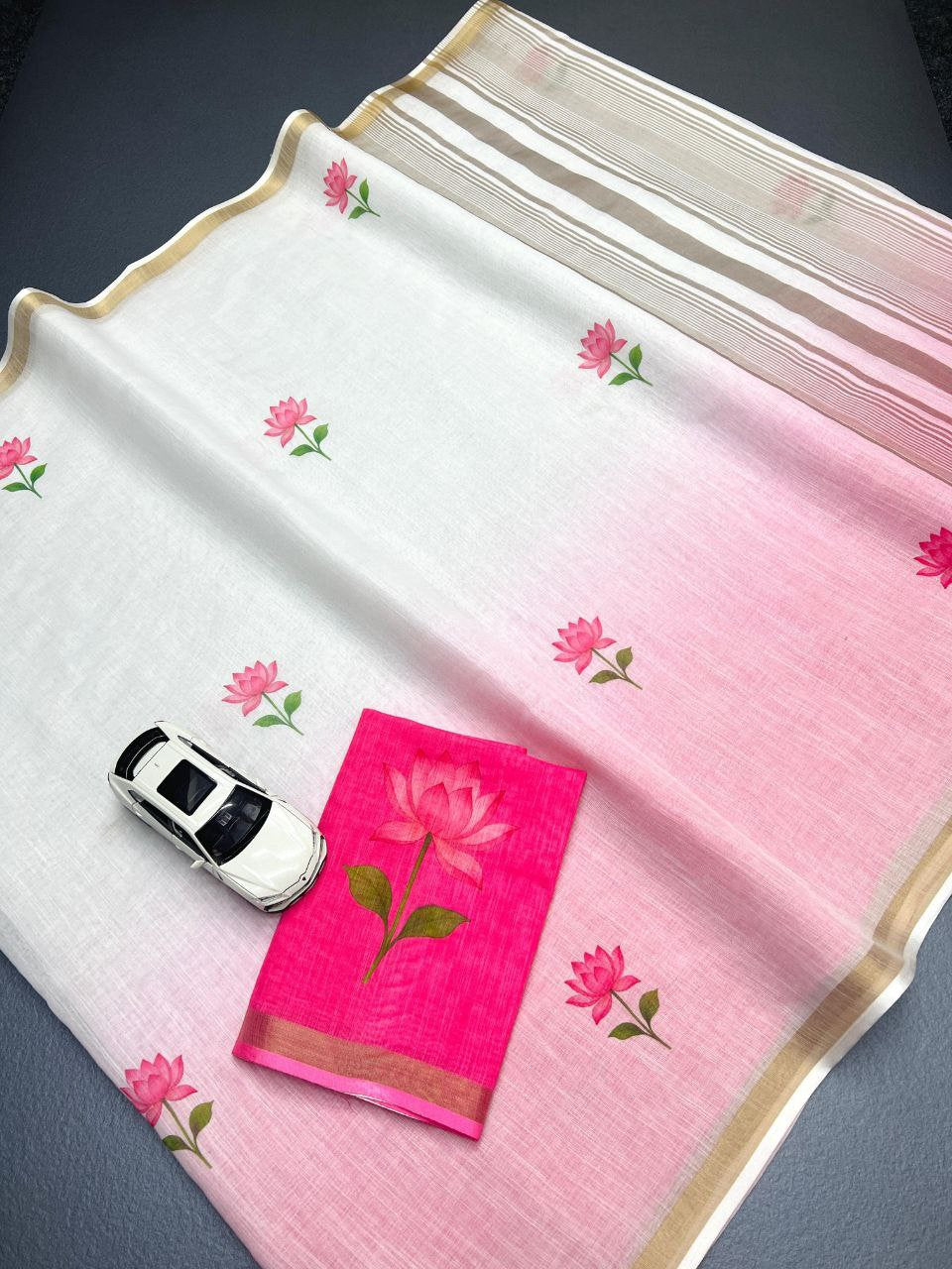 Linen Digital Print Saree with Gold Jari Border