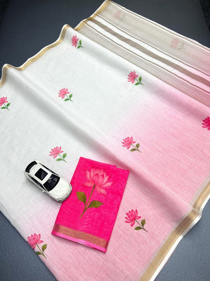 Linen Digital Print Saree with Gold Jari Border