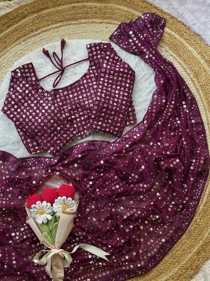 Soft Georgette Saree with Heavy 5mm Sequin Embroidery, Lace Border & Piping - DOLLEE