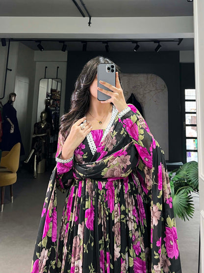 Floral Print Georgette Gown with Dupatta