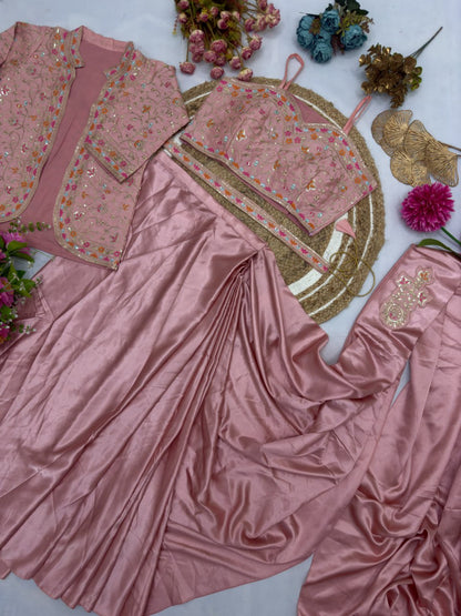 Diamond Satin Silk Ready To Wear Saree With Jacket