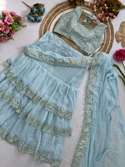 Georgette 3-Layer Ruffle with Attached Dupatta Ready To Wear Saree