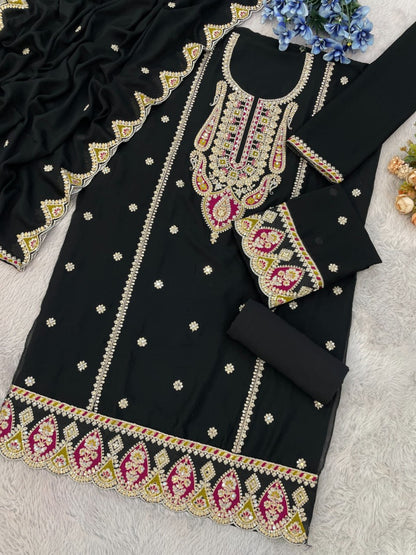 Chinon with Embroidered Cording &amp; 3mm Sequence Thread work Suit