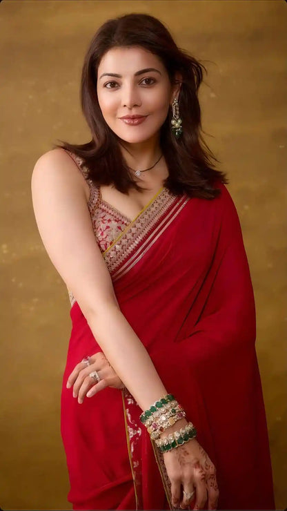 Kajal Agarwal Pure Fancy Satin Silk Saree with Heavy Jari Dori & Sequins Work