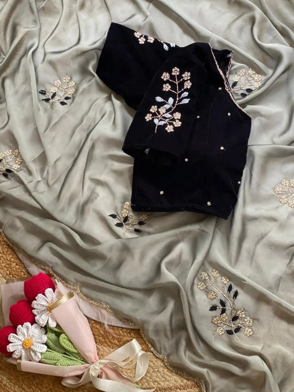 Soft Two Tone Rangoli Silk Saree with Flower Handwork Butta & Contrast 9K Velvet Blouse - REHANA