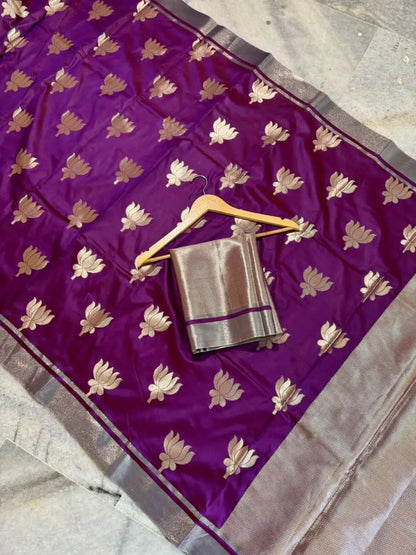 Banarasi Premium Woven Soft Katan Tissue Kanjivaram Silk Saree with Lotus Jacquard Zari Work -KAJAL LOTUS