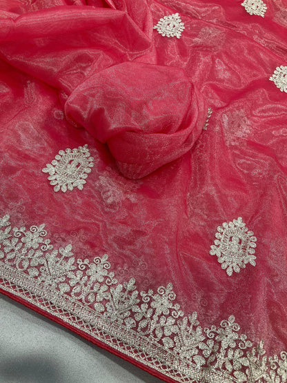 Sisara Party Wear Twill Net Saree with Sequins Embroidery & Solid Blouse