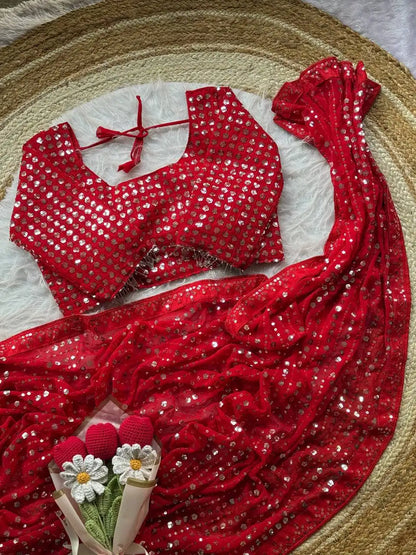 Soft Georgette Saree with Heavy 5mm Sequin Embroidery, Lace Border & Piping - DOLLEE