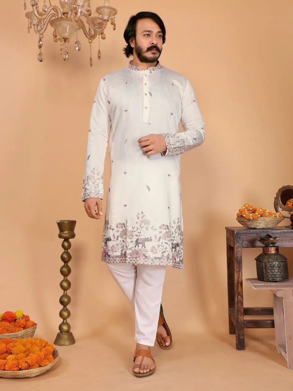 Men's Embroidered Linen Kurta Pyjama Set - Wedding & Festive Wear Vantara-05