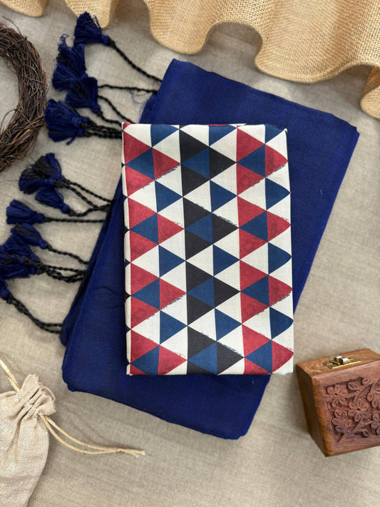 Khadi Cotton Saree  With Tassels And  Printed Blouse