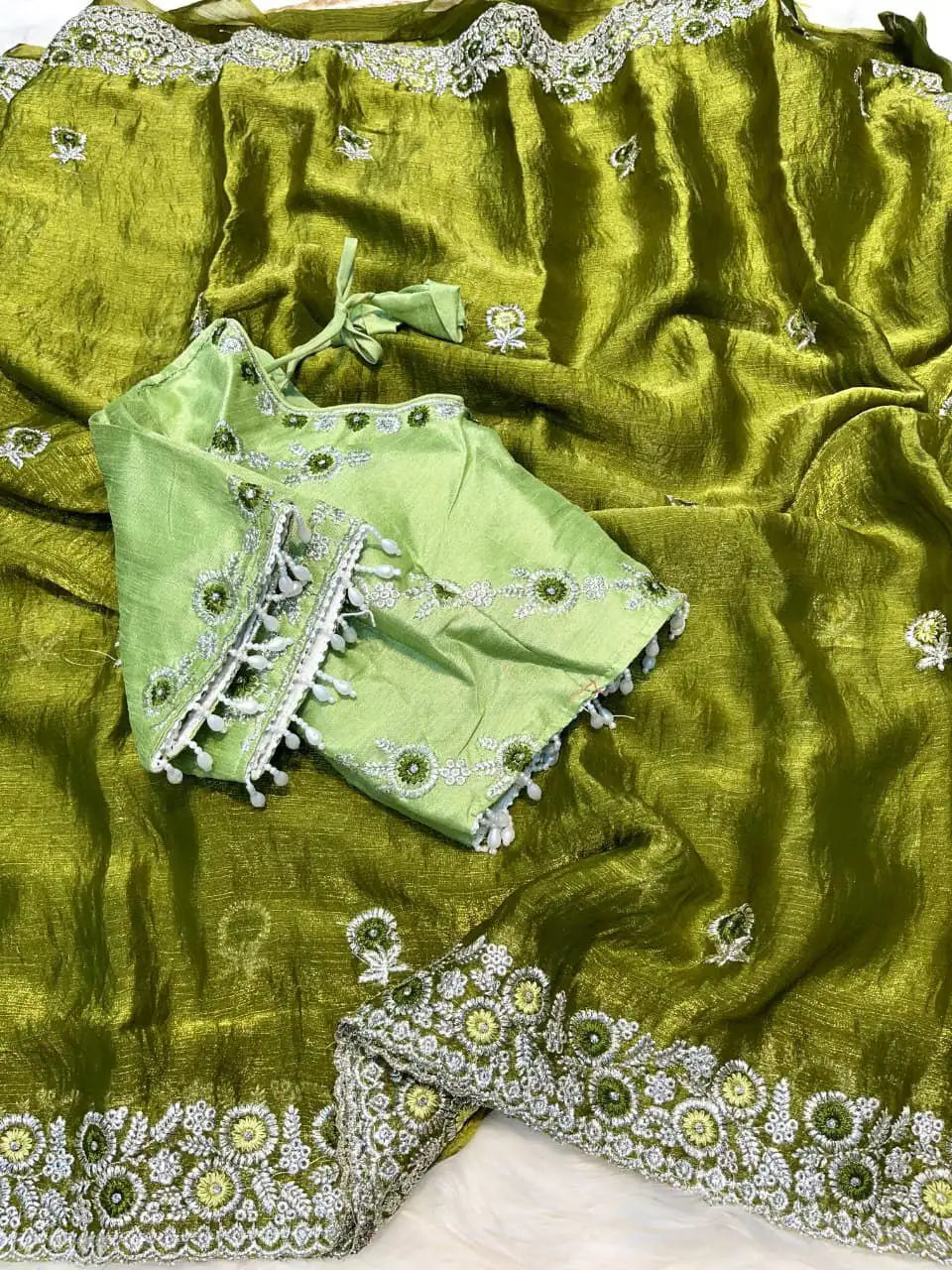 soft chiffon silk saree with embroidery thread work border and stone butta