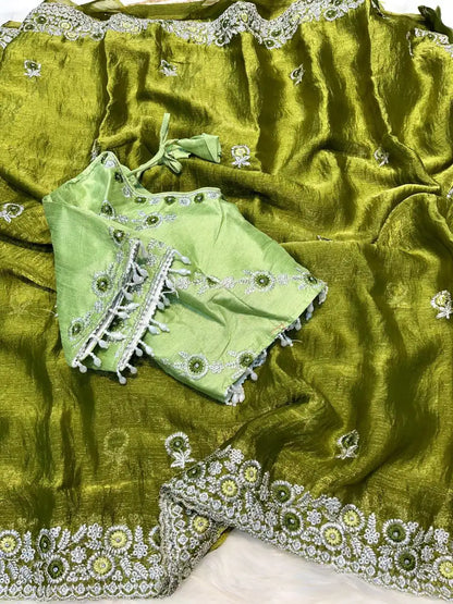 soft chiffon silk saree with embroidery thread work border and stone butta