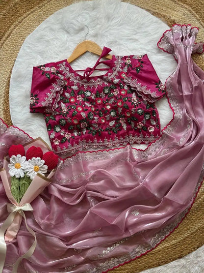 Soft Space Silk Saree with Heavy Sequin & Zari Embroidery and Arca Border | LAVANYA