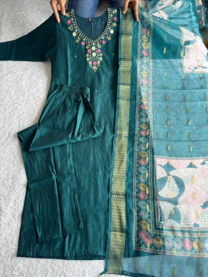 Roman Silk New Designer Kurti Pant Dupatta Set