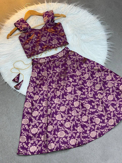 Kids Banarasi Silk Lehenga Choli with Jacquard Weaving & Moti Lace