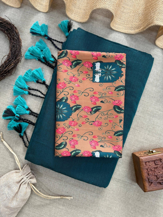 Khadi Cotton Saree  With Tassels And  Printed Blouse