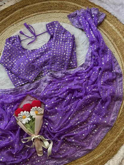 Soft Georgette Saree with Heavy 5mm Sequin Embroidery, Lace Border & Piping - DOLLEE