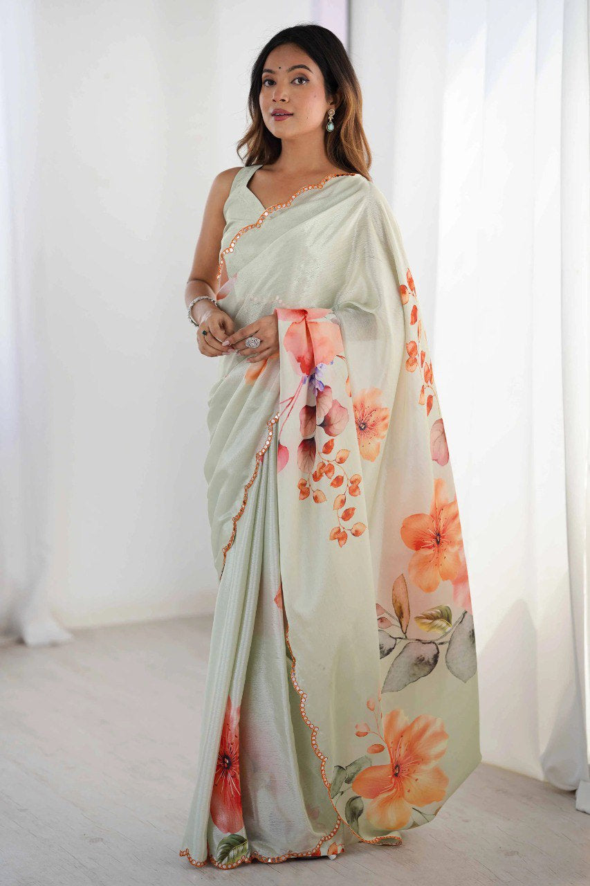 Georgette Silk Printed Saree with Mirror Work