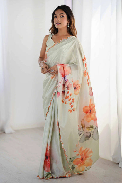Georgette Silk Printed Saree with Mirror Work
