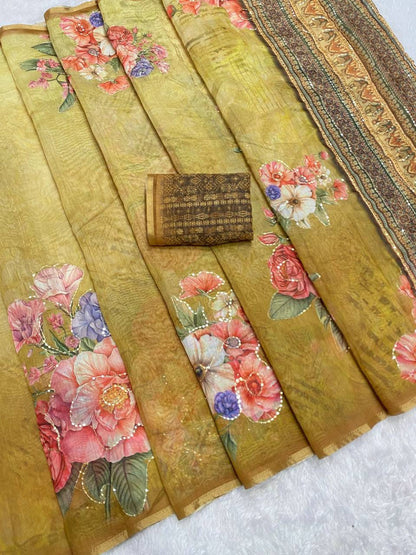 Linen Printed Saree with Sequin & Zari Border