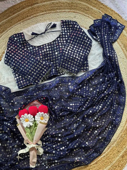 Soft Georgette Saree with Heavy 5mm Sequin Embroidery, Lace Border & Piping - DOLLEE