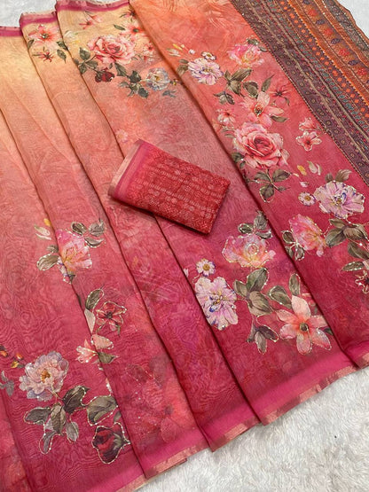 Linen Printed Saree with Sequin & Zari Border